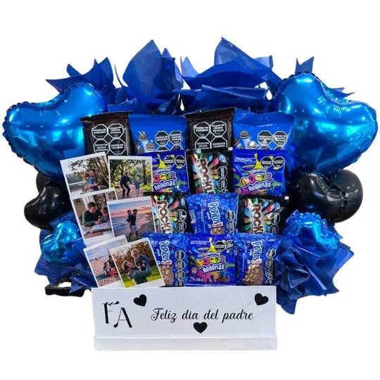 box con chocolates globos y fotos polaroid dia del padre